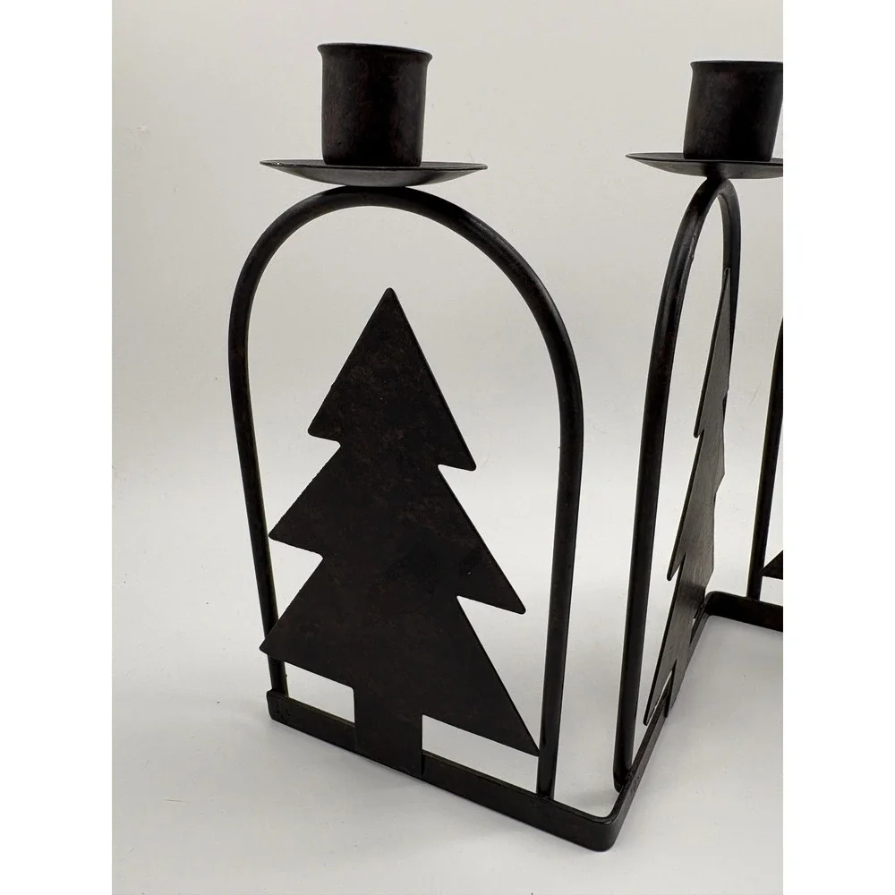 Vintage Rustic Metal Pine Tree 3 Cup Taper Candle Holder Accordion Centerpiece